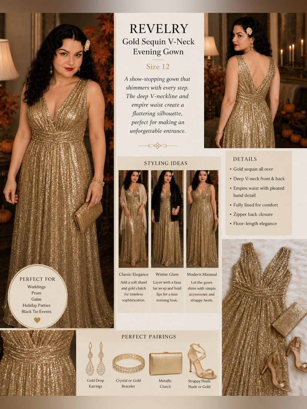 Gold Sequin V-Neck Evening Gown Glam Gown Prom Dress Event Dress by Revelry 12